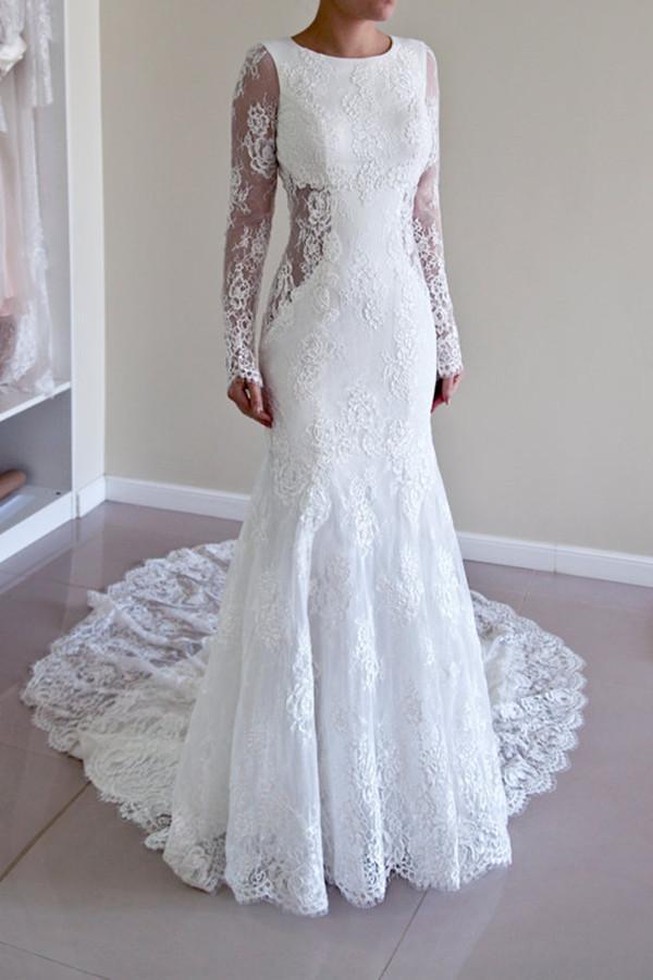 High Quality Scoop Open Back Mermaid Wedding Dress with Long Sleeves
