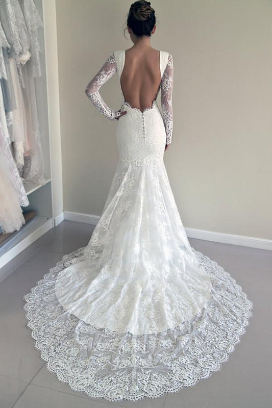Vestido de novia de sirena de alta calidad con espalda abierta y mangas largas
