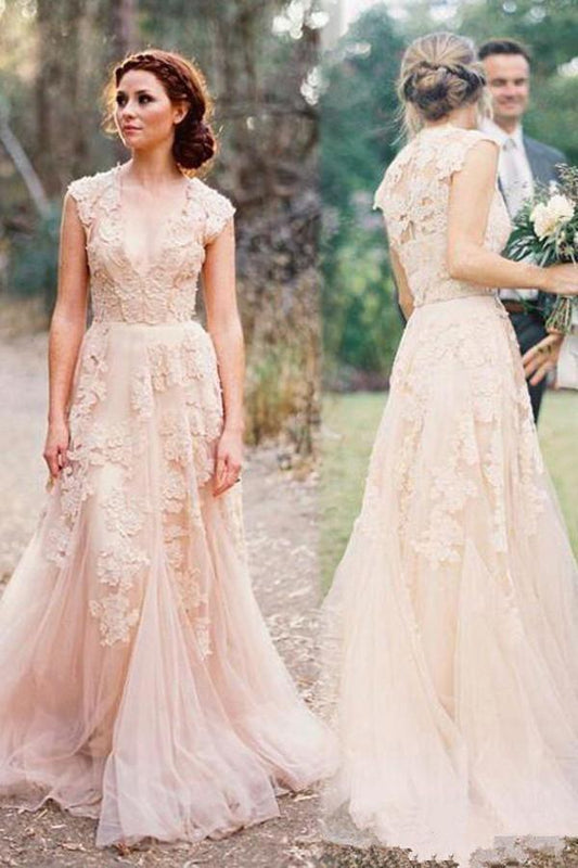 Vestido de novia de alta calidad con escote en V, sin mangas y largo hasta el suelo con encaje