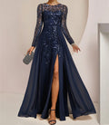 Floor-Length Mother Of The Bride A-Line Dress With Scoop Neck Sleeves Sequins