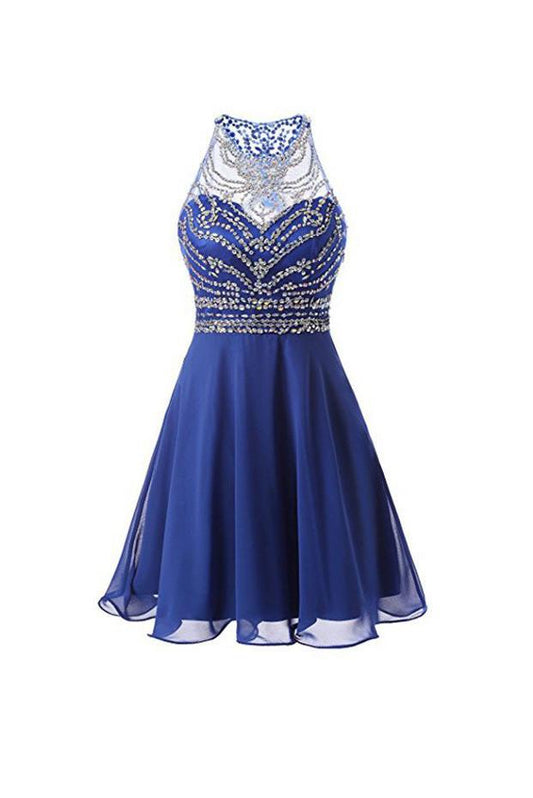 Blaue A-Linie Chiffon Perlen Homecoming Kleider, Kurze Ballkleider