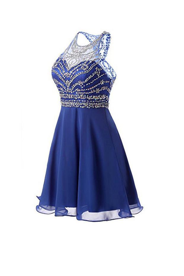 Blaue A-Linie Chiffon Perlen Homecoming Kleider, Kurze Ballkleider