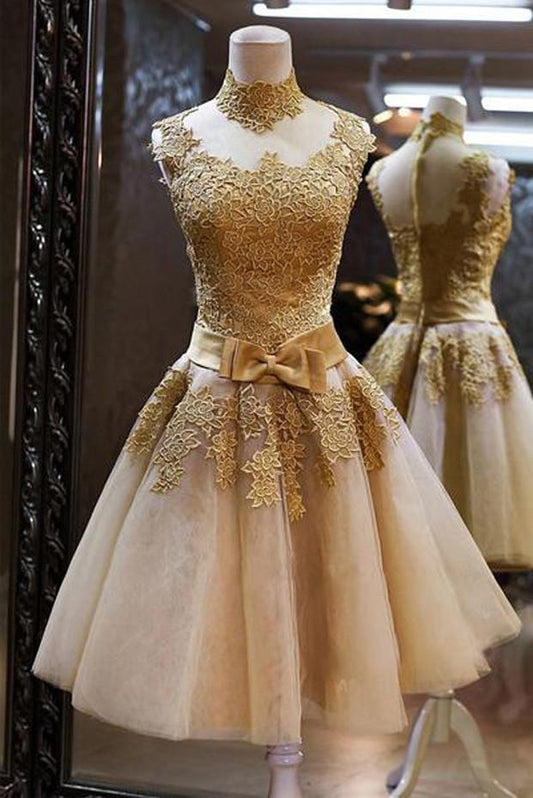 Vestidos de fiesta de tul con encaje de Diosa Vintage de alta calidad con cuello alto y lazo 