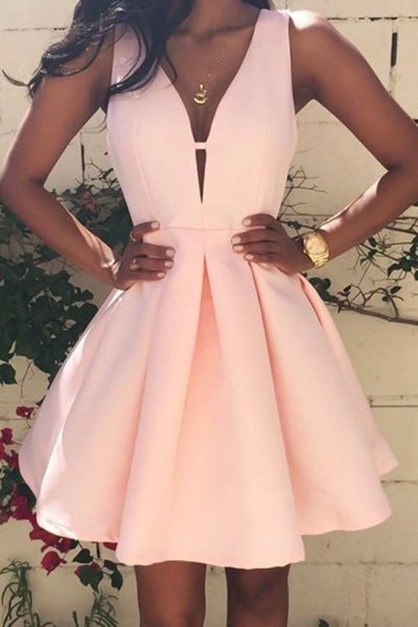 Simple Pink A-line Satin V neck Homecoming Dress, Short Prom Dresses