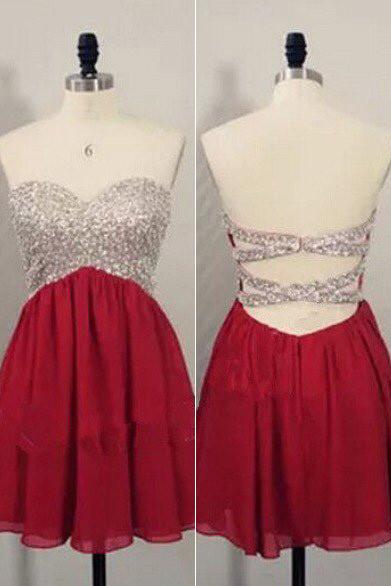 Rote kurze Ballkleider mit offenem Rücken, Perlenbesetztes Heimkehrkleid für Mädchen