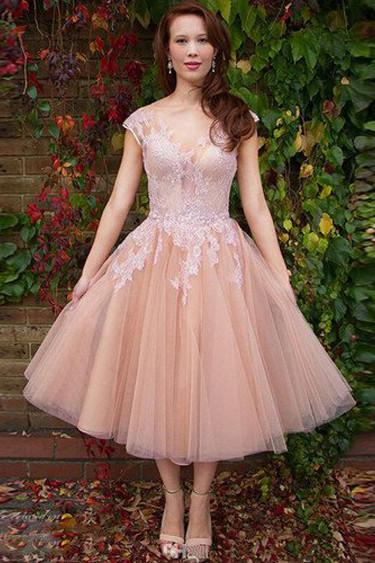 Vestidos de fiesta cortos rosas con mangas cortas y corte A, vestidos de encaje para el regreso a casa en línea 