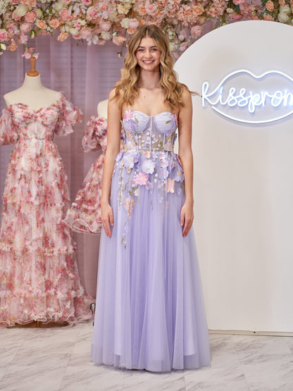 A-Linien-Heimkehrkleid aus trägerlosem Tüll mit 3D-Blumen