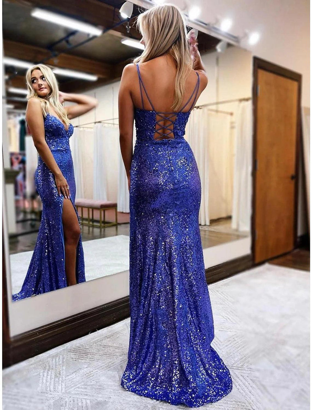 Vestidos de Festa Trombeta de Sereia Brilhantes Vestido de Brilho Formal para Casamento Festa com Cauda Varredura Sem Mangas Decote em V Costas Nuas com Lantejoulas Brilhantes