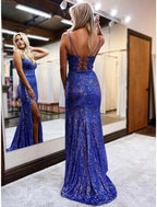 Vestidos de Festa Trombeta de Sereia Brilhantes Vestido de Brilho Formal para Casamento Festa com Cauda Varredura Sem Mangas Decote em V Costas Nuas com Lantejoulas Brilhantes