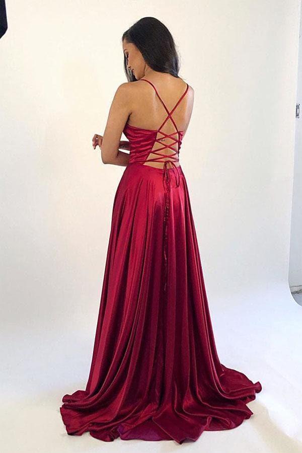 Vestidos de Baile de Cetim com Decote em V e Fenda no Vestido de Baile SYP3