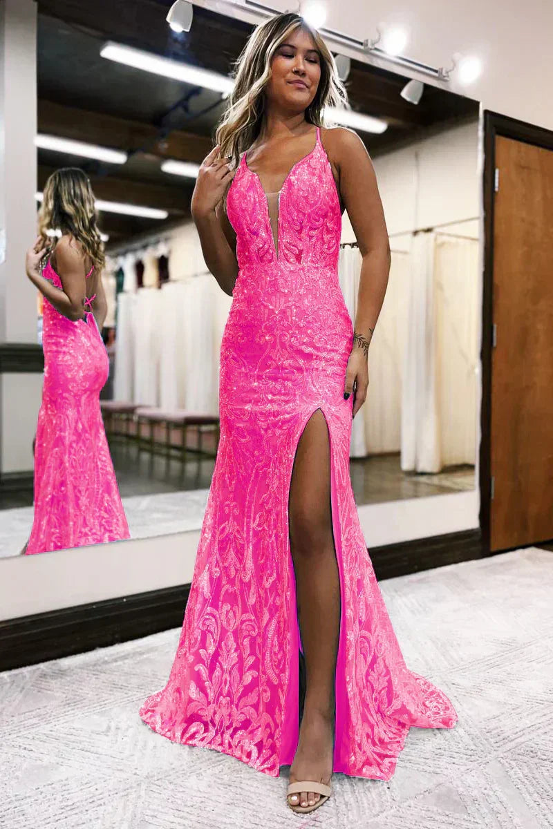 Knallpinker Glitzernder Ballkleid mit Schlitz Pailletten-Spitzenkleid