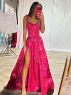 Hot Pink Floral A-Line Long Prom Dress With High Slit