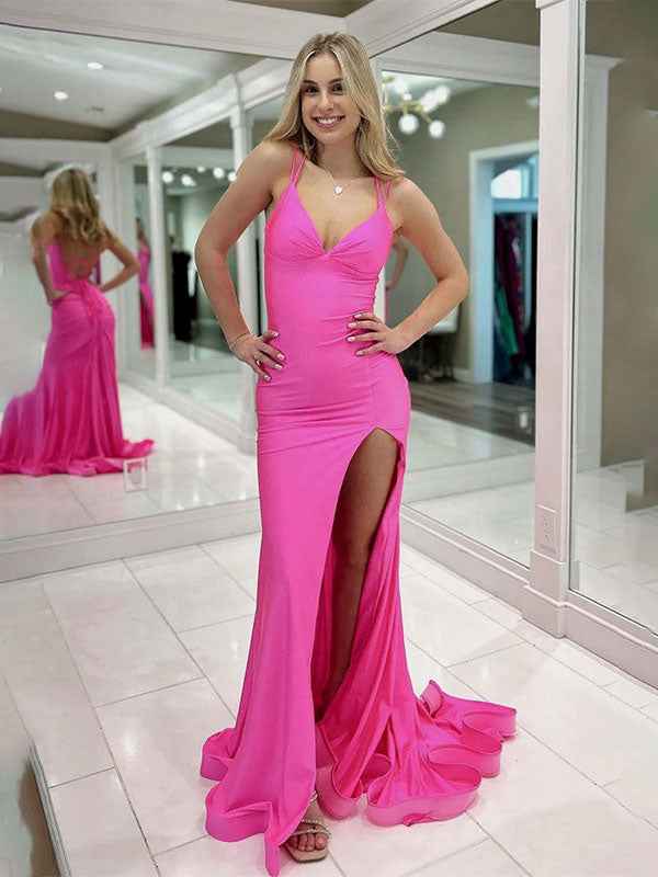 Hot Pink V Neck Open Back Mermaid Prom Dress With Slit