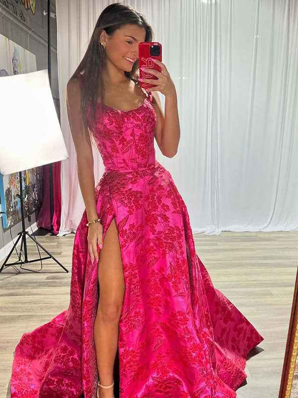 Hot Pink Floral A-Line Long Prom Dress With High Slit