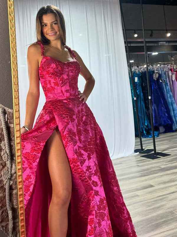 Hot Pink Floral A-Line Long Prom Dress With High Slit