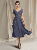 V Neck A Line Princess Tea Length Dresses For Mother Of The Bride