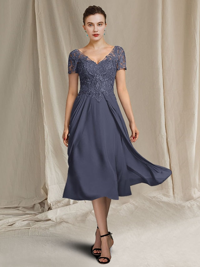 V Neck A Line Princess Tea Length Dresses For Mother Of The Bride