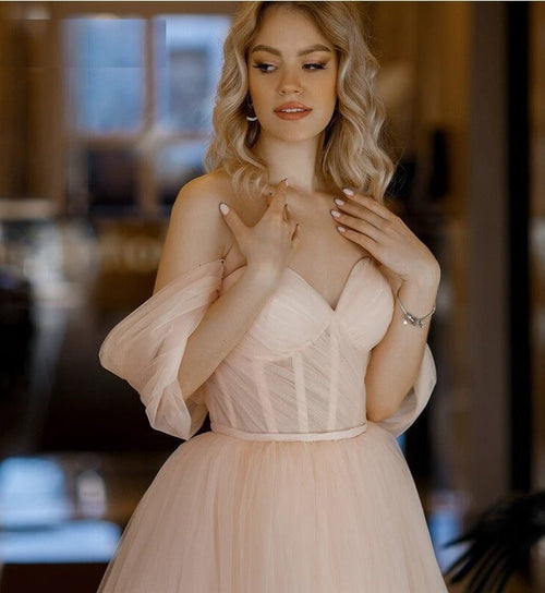 Vestido de Baile em Tule Cor-de-Rosa Comprimento Chá com Corte em A