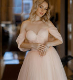 A Line Pink Tulle Tea Length Prom Dress