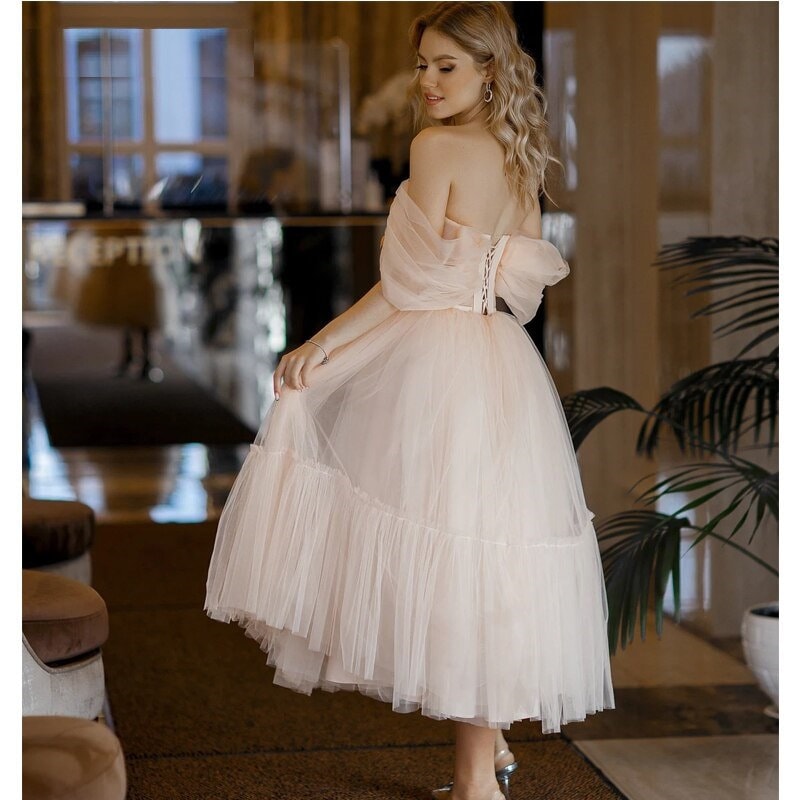A Line Pink Tulle Tea Length Prom Dress