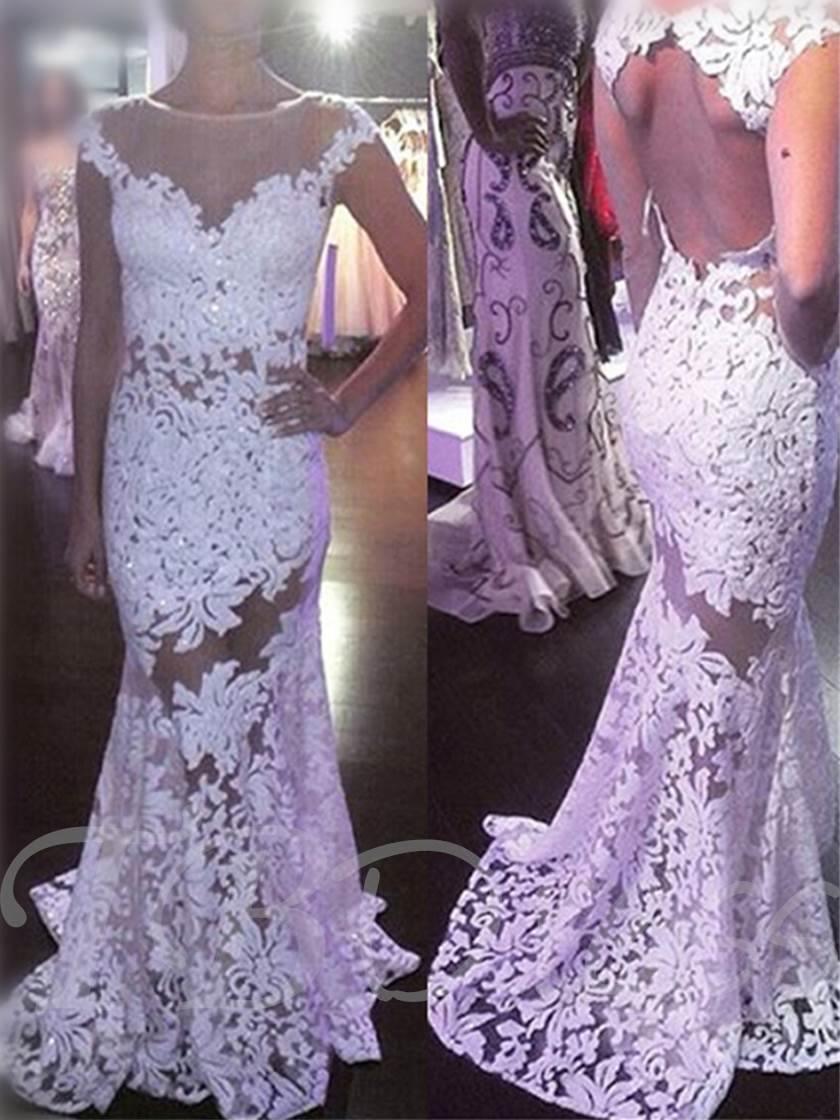 Illusion Meerjungfrau Ausschnitt Etui Spitze Brautkleid