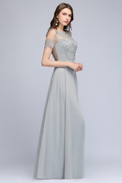 Illusion Neckline Long Appliques Chiffon Prom Dresses