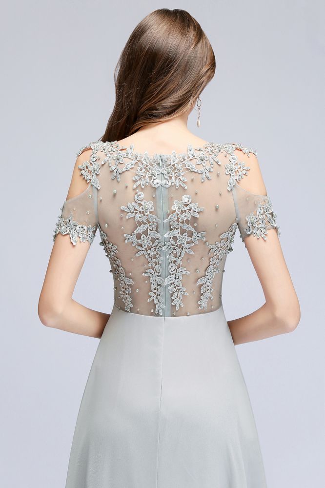 Illusion Neckline Long Appliques Chiffon Prom Dresses