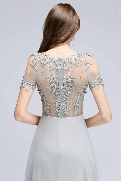 Illusion Neckline Long Appliques Chiffon Prom Dresses