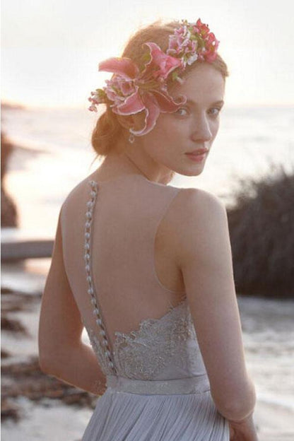 Illusionsausschnitt, transparenter Rücken, Strand-Spitzen-Chiffon-Brautkleid