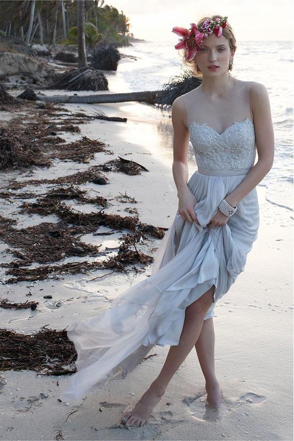 Robe de mariée en mousseline avec encolure illusion, dos transparent, dentelle de plage