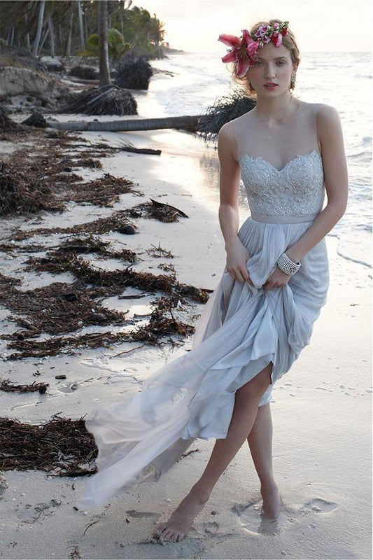 Illusionsausschnitt, transparenter Rücken, Strand-Spitzen-Chiffon-Brautkleid
