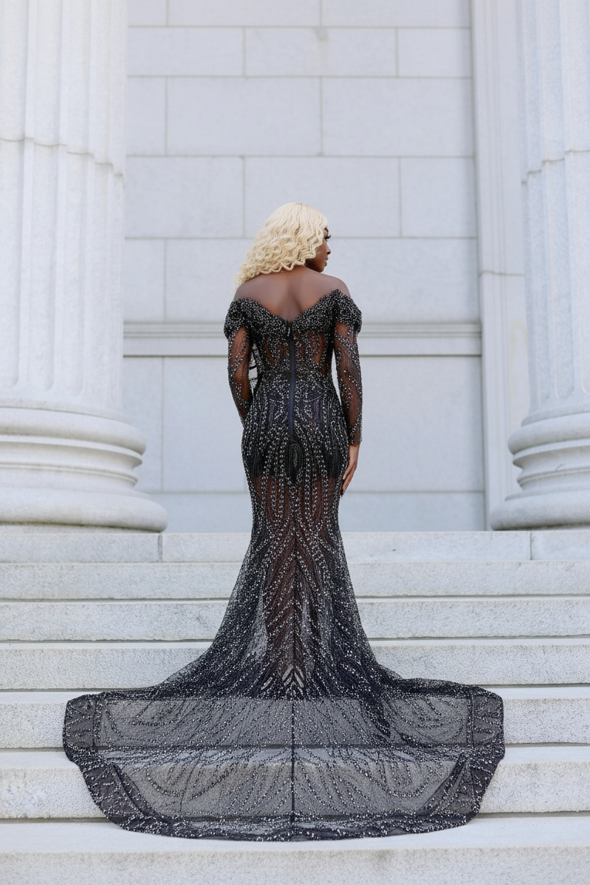 Black Royalty Geometric Beadwork Gown With V Neckline And Long Sheer Sleeves