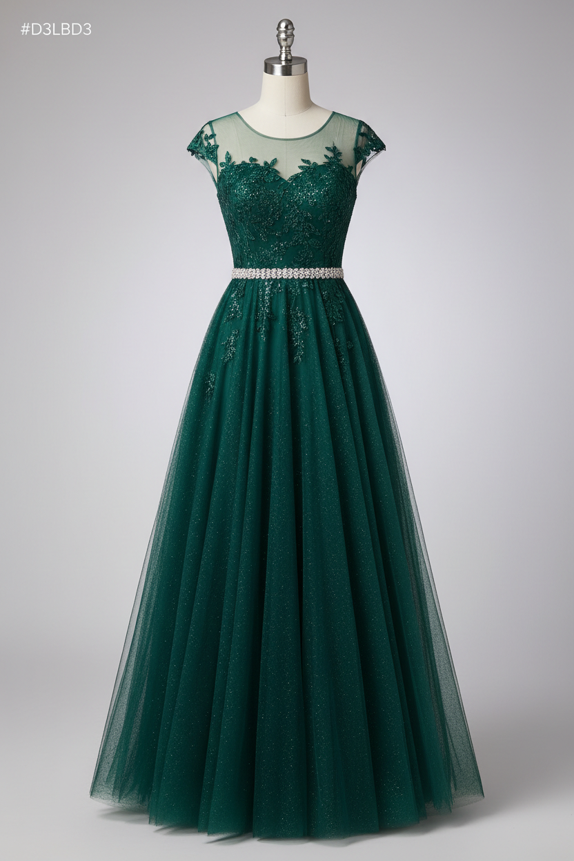 Elegant Illusion Neckline A Line Evening Dress With Beaded Belt