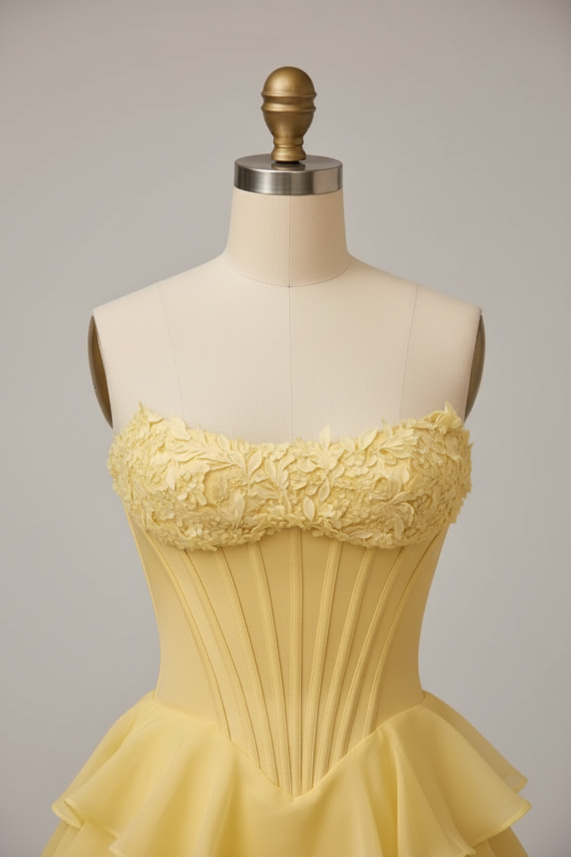 Yellow Tiered Ruffle High Low Ball Gown With Floral Corset And 3D Appliques