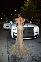 Golden Siren Champagne Gold Crystal Mermaid Gown Off Shoulder Bodice High Slit