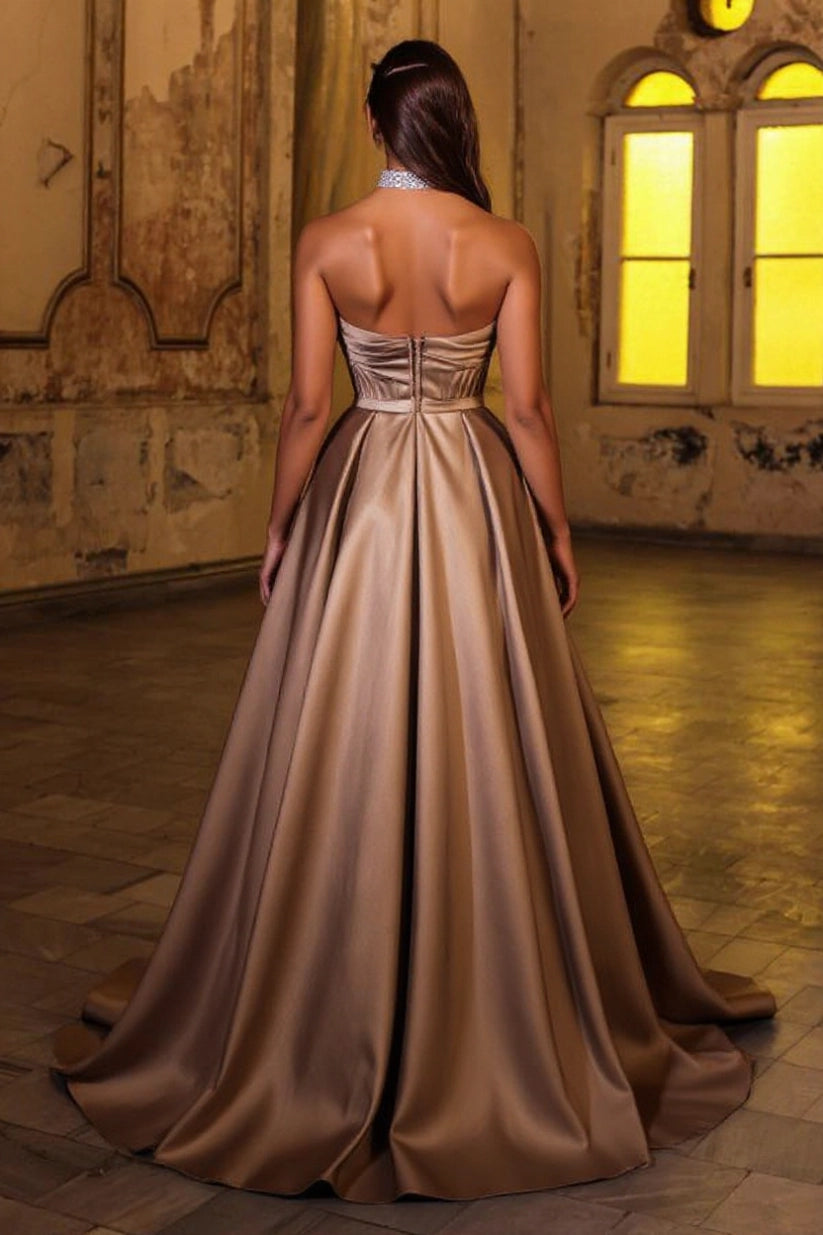 Champagne One Shoulder Satin Floor Length Evening Gown With Glitter