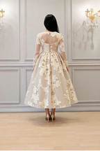 BMbridal Long Sleeve Prom Dress With Appliques Lace Tea Length