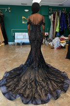 Black Beaded Mermaid Prom Dress With 3D Floral Appliques And Ruffle Train