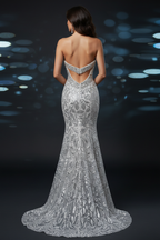 Silver Strapless Mermaid Prom Dress With Sequin Beaded Crystal Floral Bodice