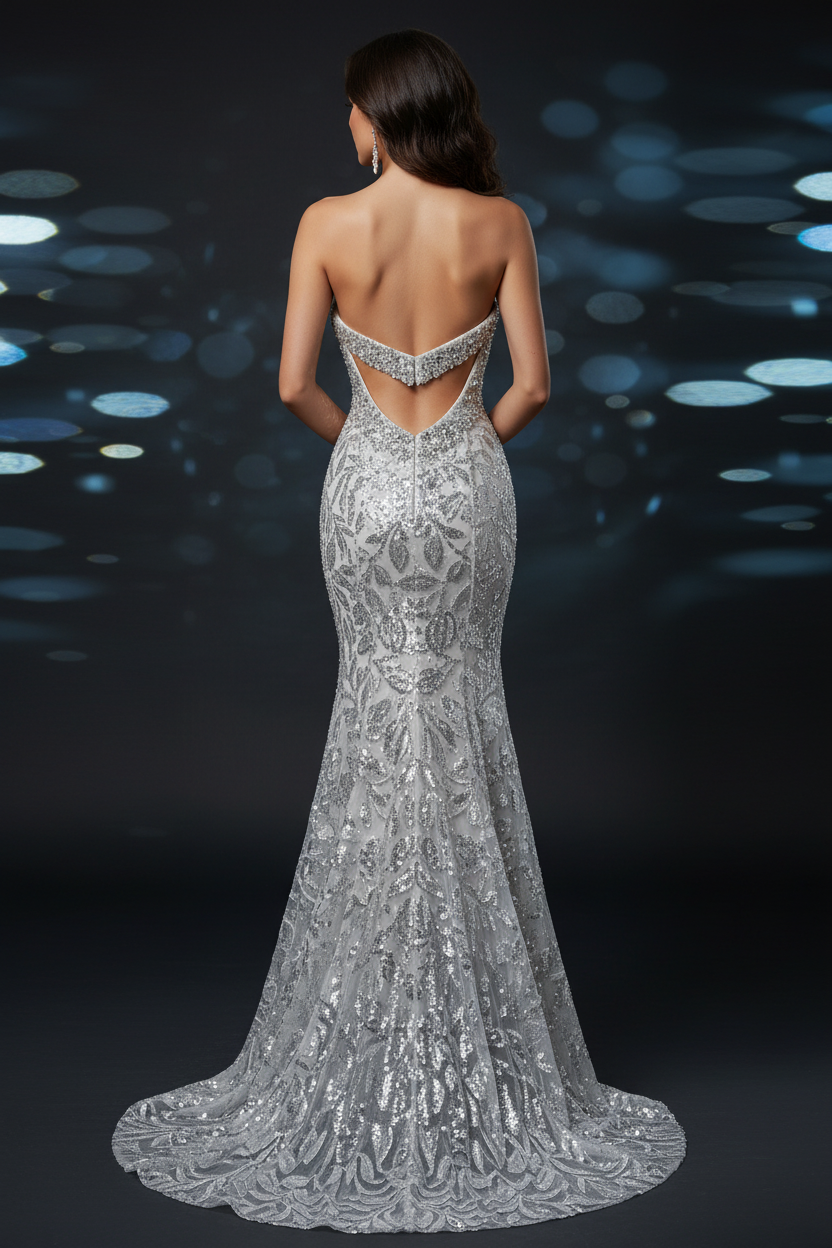 Silver Strapless Mermaid Prom Dress With Sequin Beaded Crystal Floral Bodice
