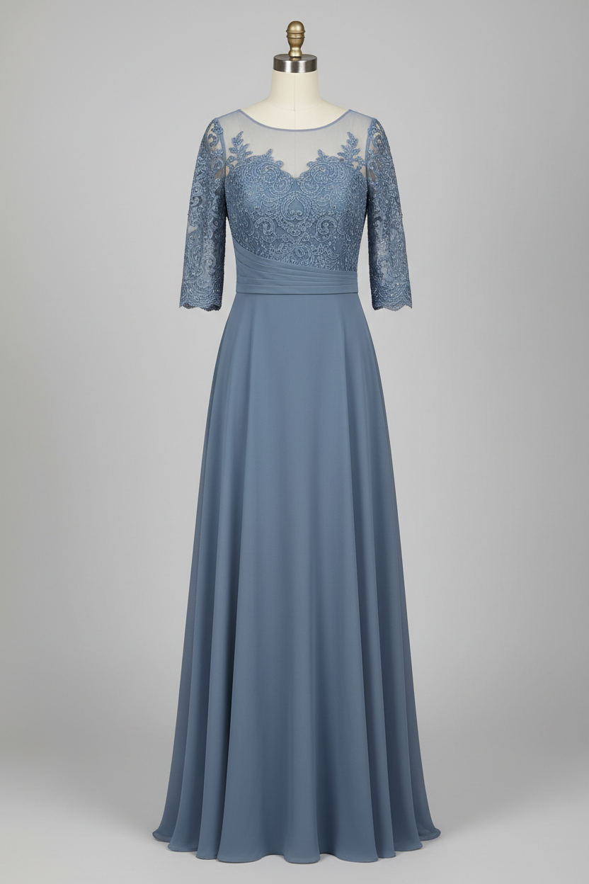Gray Lace Three Quarter Sleeve A Line Mother Of The Bride Dress 20 Colors