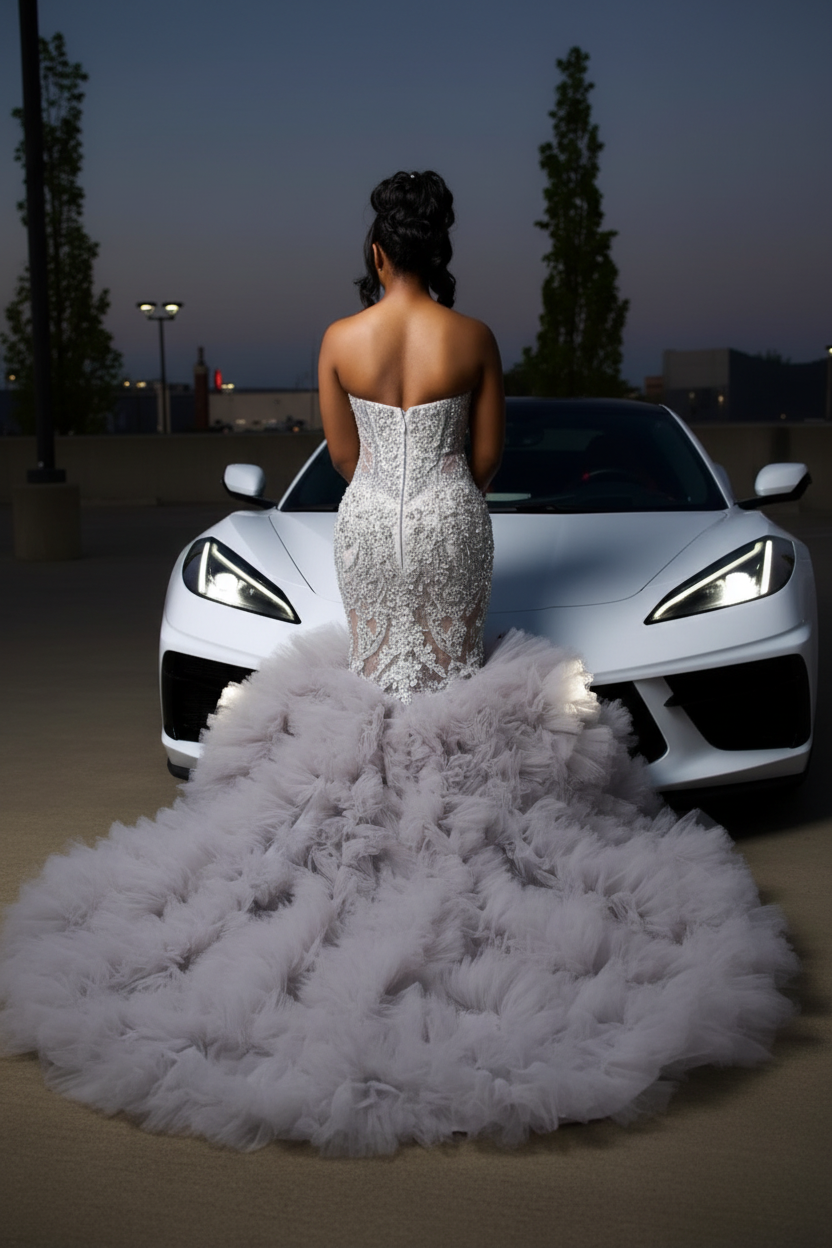 Silver Cloud Crystal Beaded Mermaid Gown Sweetheart Neckline Tulle Train