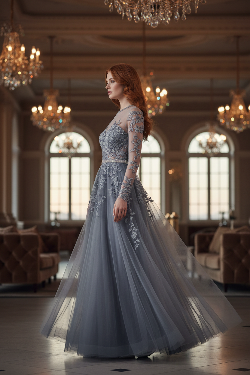 Elegant Illusion Neckline A Line Evening Dress With Beaded Belt
