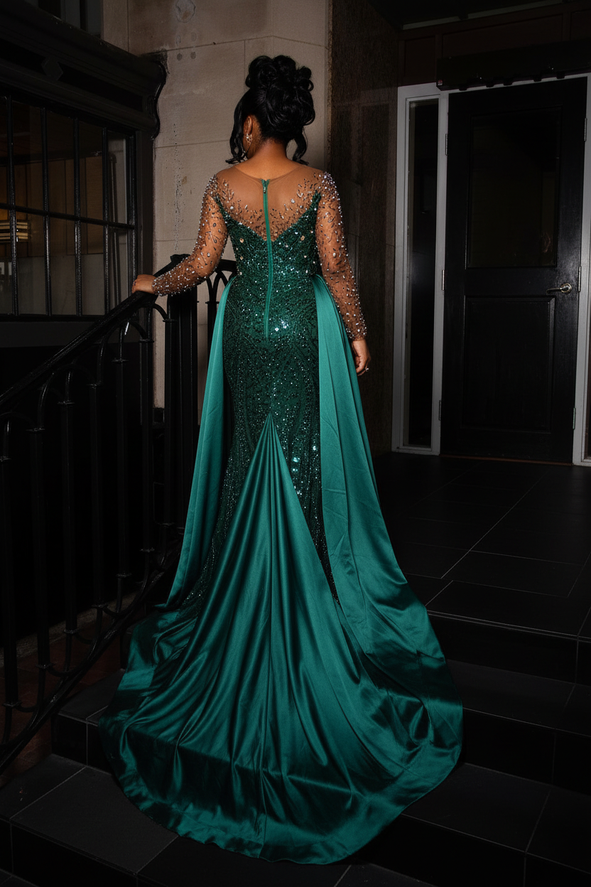 Emerald Empress Illusion Sleeve Beaded Mermaid Gown With Crystal Overskirt Train