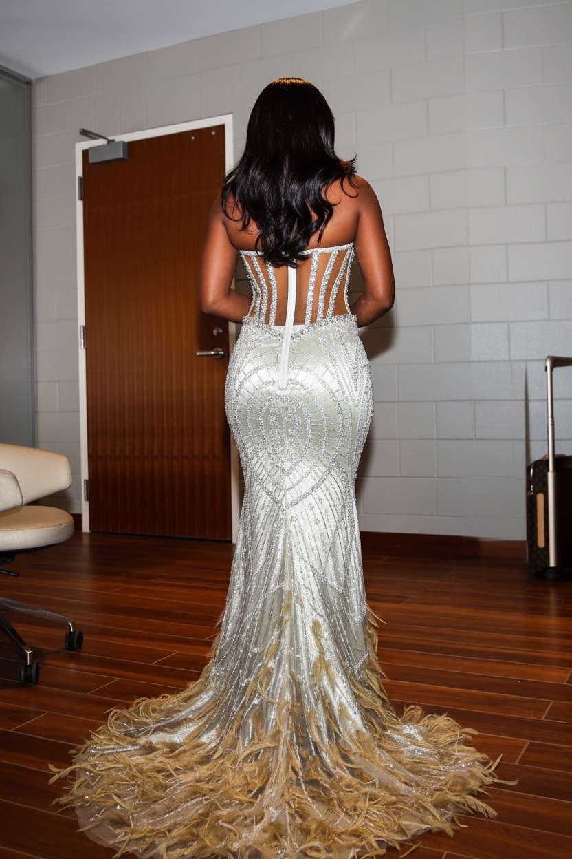 Silver Goddess Crystal Illusion Mermaid Gown With Sweetheart Neckline And Train