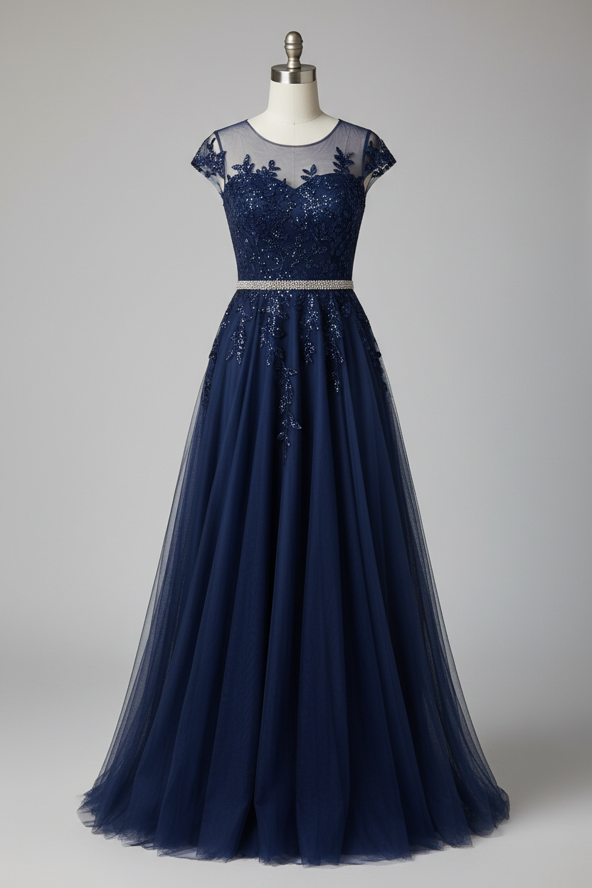 Elegant Illusion Neckline A Line Evening Dress With Beaded Belt