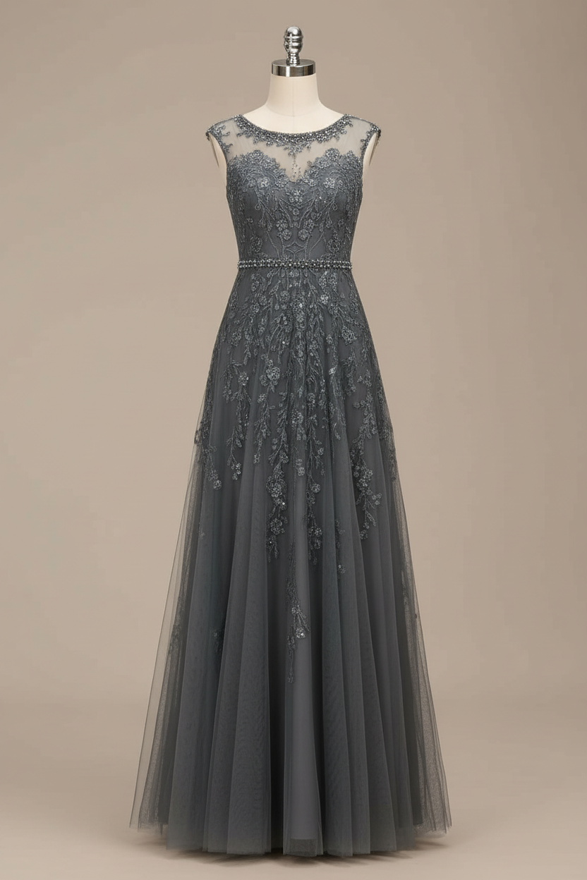 Elegant Illusion Neckline A Line Evening Dress With Beaded Belt