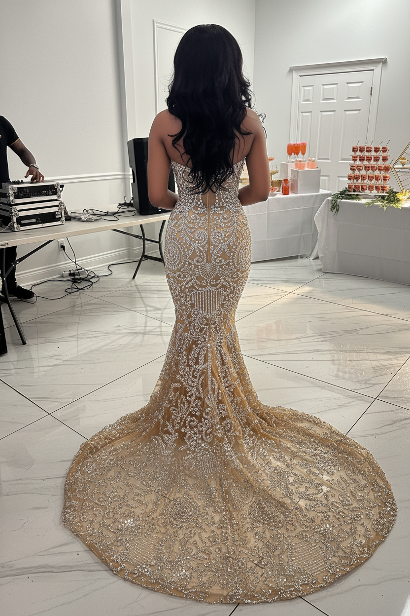 Champagne Elegance Crystal Pearl Beaded Mermaid Gown 3D Floral Lace Neckline