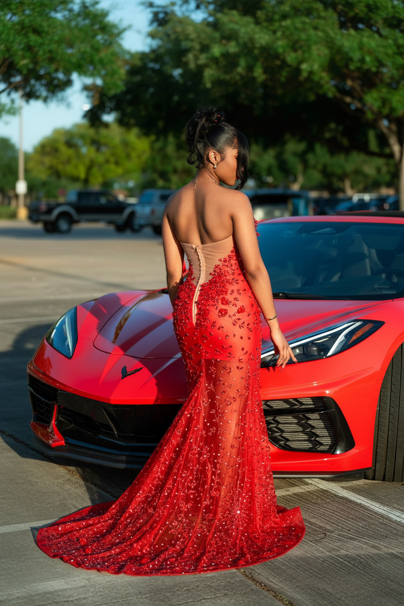 Red Sheer Illusion Beaded Mermaid Prom Dress With 3D Florals