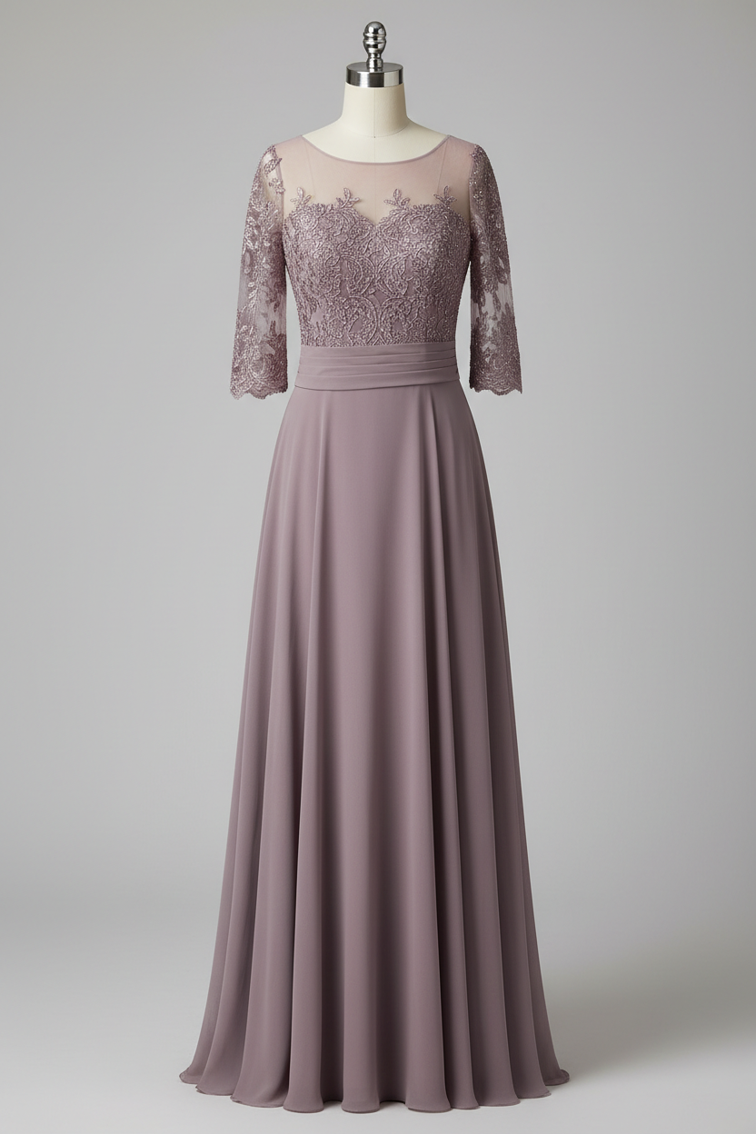 Gray Lace Three Quarter Sleeve A Line Mother Of The Bride Dress 20 Colors
